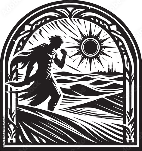 Silhouette of a person walking towards the sun within a decorative frame artistic illustration