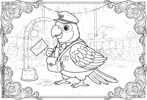 Whimsical parrot postman delivering mail in a stylized illustrat
