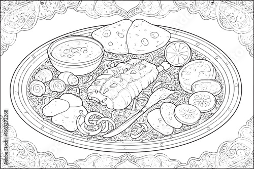 Detailed line art of traditional emirati machboos dish for color