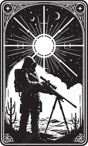 Intriguing black and white illustration of a sniper aiming a rifle under a celestial sky