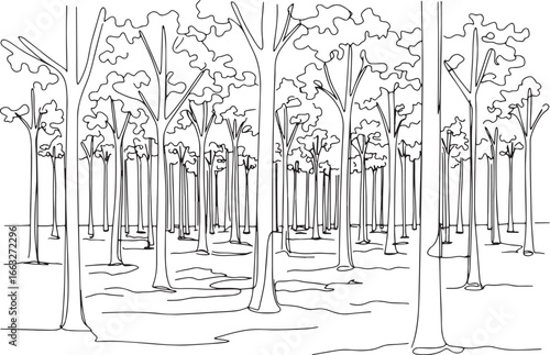 Monochrome Forest Landscape Single Line Art with a Minimalist Ae