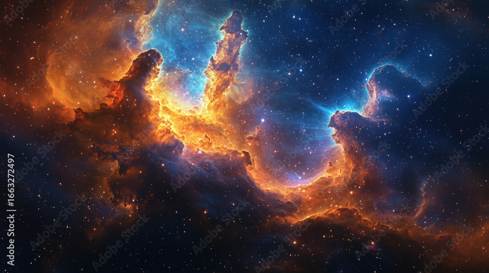 Obraz premium A vibrant canvas of cosmic hues, where nebulae swirled like galaxies of stardust and supernovae blazed with celestial brilliance, a breathtaking backdrop for the wonders of the universe 