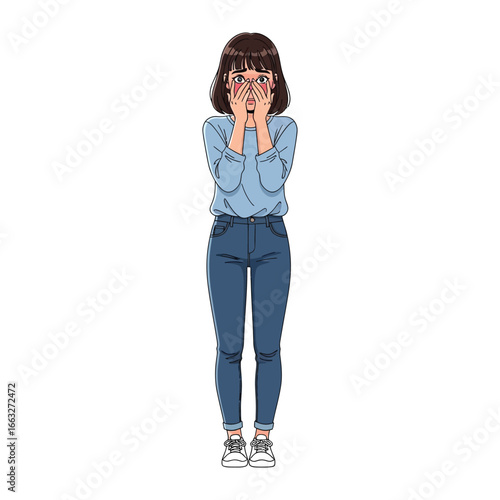 Embarrassed Young Woman: A young woman, her hands covering her face in a moment of shy embarrassment, revealing a sense of vulnerability and raw human emotion.