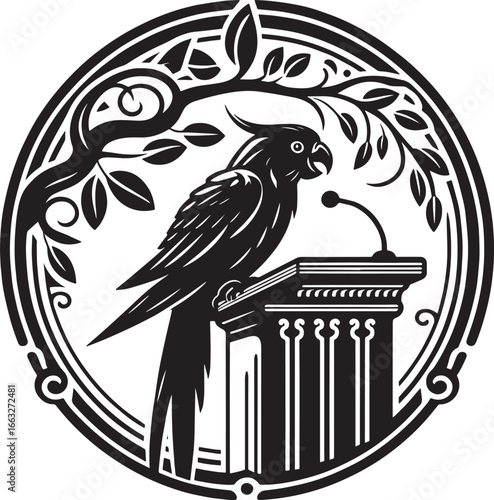 A Monochromatic Illustration of a Parrot on a Podium with a Microphone and a Tree Circle Frame