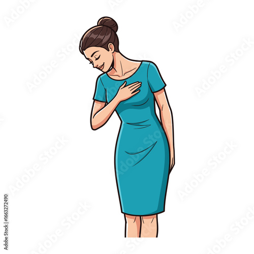 Contentment Personified: An illustration of a woman touching her chest, radiating peace and tranquility, dressed in a lovely aquamarine dress, is captured in an artistic style.