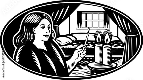 Woman lighting candles in bedroom at night illustration for relaxation meditation and sleep aid concept