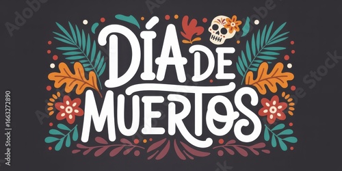 Dia de los muertos lettering with floral decoration on dark background