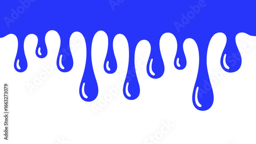 Vector image with drops of blue liquid, paint smoothly flowing down, isolated on a transparent background. Seamless border of flowing drops of blue liquid.