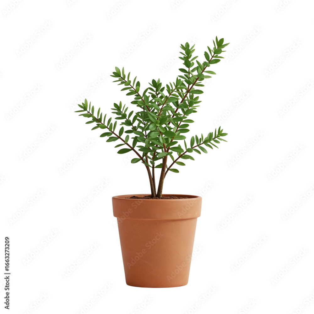 Obraz premium Potted green plant with fresh leaves in a small terracotta pot isolated on transparent background. 