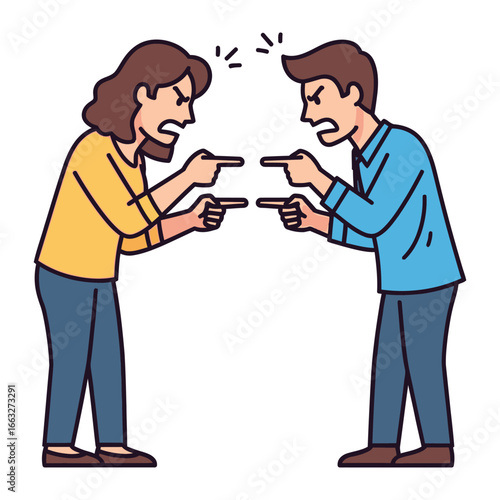 Animated Confrontation: Two figures in animated illustration with pointed fingers express feelings of anger and conflict. representing a heated argument between two individuals.