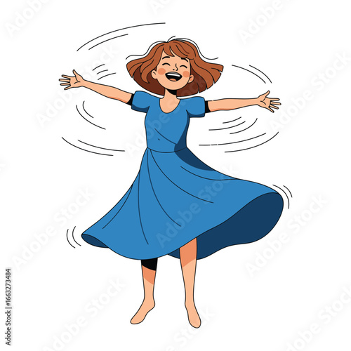 Joyful Whirl: A cheerful girl wearing a blue dress twirls gracefully, exuding the carefree essence of playfulness and the pure delight of movement.