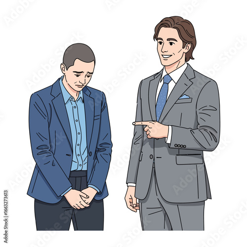 Business Dialogue: A professional figure gestures confidently at another, suggesting either guidance, reprimand, or the initiation of a discussion. The scene showcases professional interaction.