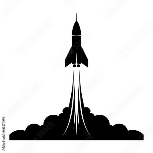 black silhouette of a rocket launching into space with trailing exhaust