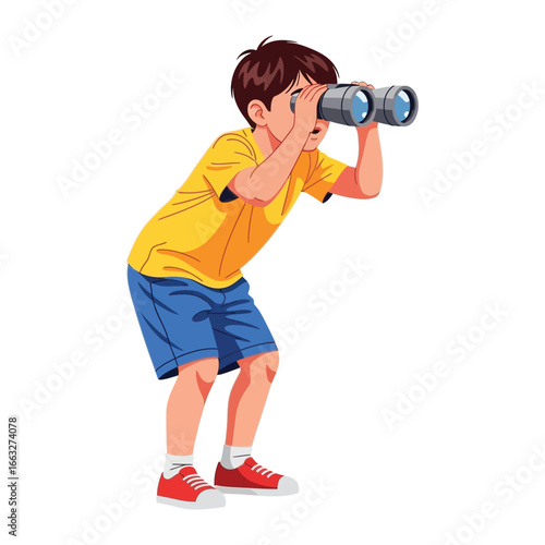 Young Explorer: A young boy with bright eyes and an adventurous spirit, intently gazes through a pair of binoculars, eager to explore the world around him and discover new horizons. 