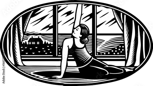 Yoga pose illustration black and white woman stretching indoor zen wellness exercise healthy lifestyle art