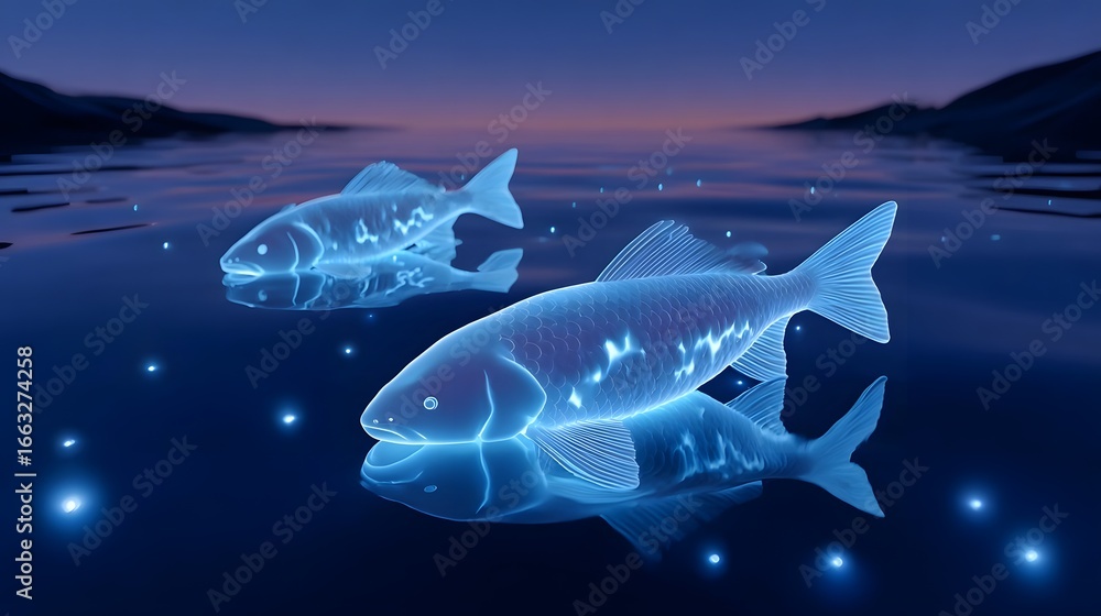 Fototapeta premium Glowing fish swimming in a tranquil night lake