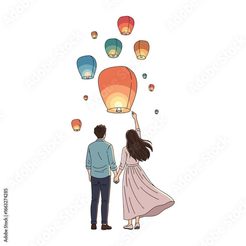 Love's Skyward Dream: A tender moment captured as a couple releases a vibrant lantern, symbolizing their hopes and dreams against a boundless sky, evoking a sense of shared aspirations.