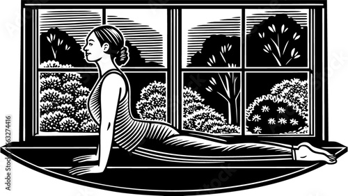 Woman doing yoga pose at home by window for relaxation and wellness promoting healthy lifestyle and exercise
