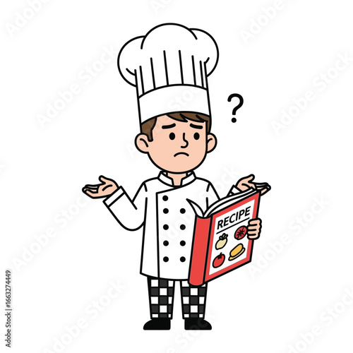 Chef's Dilemma: A cartoon chef struggles with the recipe, displaying uncertainty, and evoking humor and relatable feelings of culinary confusion.