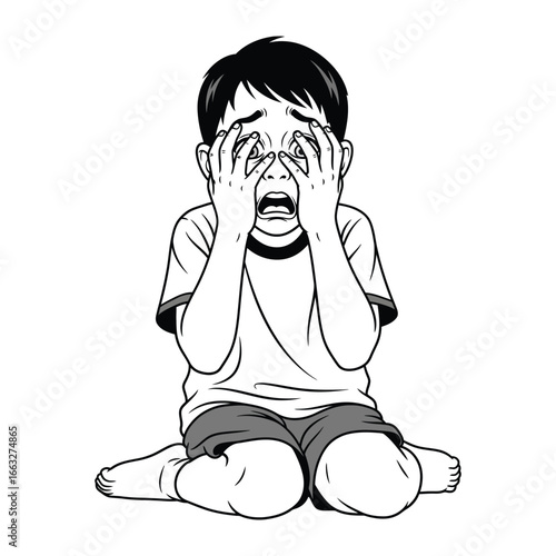 Despair in a child: A young boy, his face etched with sadness and distress, expresses a moment of emotional turmoil. The monochrome illustration amplifies the raw emotion.