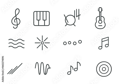 Music Icons Grid. Outline icon set of music-inspired shapes: treble clefs, piano keys, drum beats, guitar