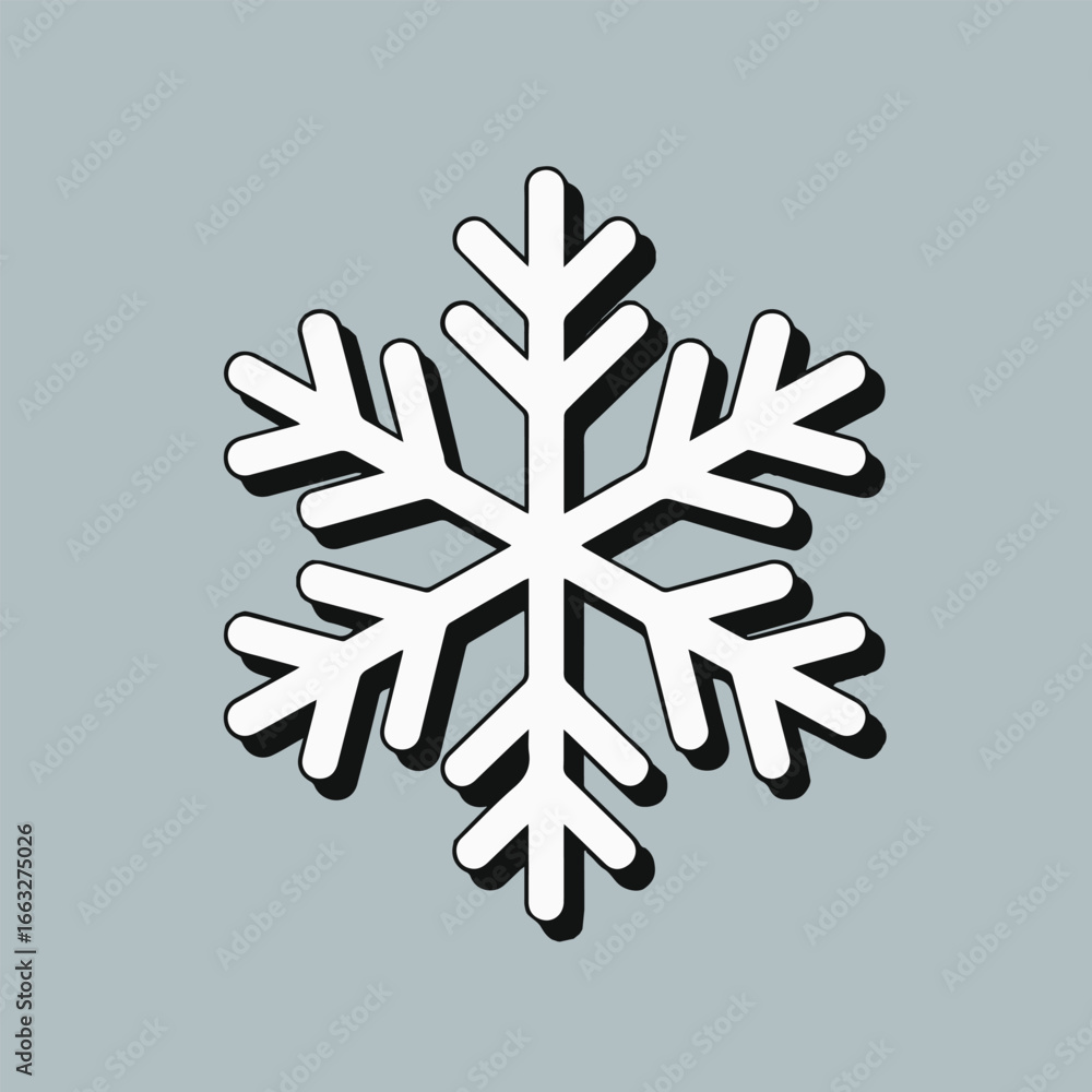 Illustration of a white snowflake with black shadow on a light blue background, perfect for winter, holiday, and christmas themed designs and decorations