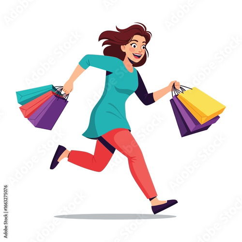 Shopping spree: A vibrant illustration captures the energy of shopping spree, with a joyful shopper. running, arms laden with colorful bags.