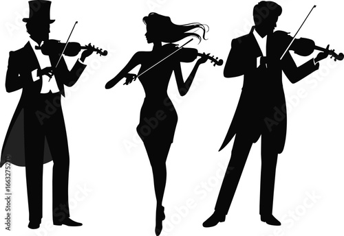 Elegant silhouetted violinists in formal attire performing classical music ensemble, artistic vector illustration for concert, orchestra, and musical performance themes