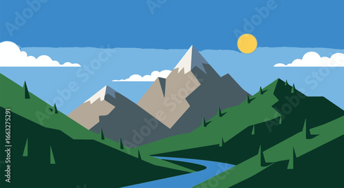 This vibrant illustration depicts a picturesque mountain valley scene.