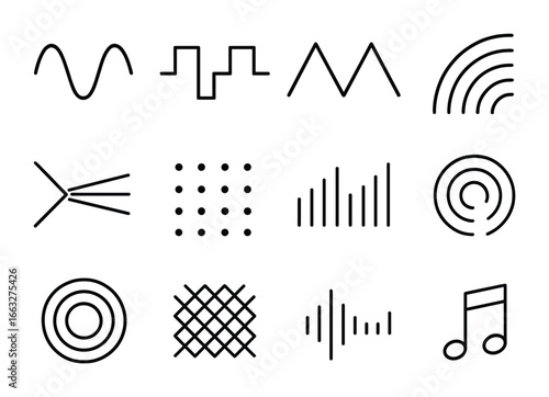 Abstract Frequency Icons. Outline icon set of abstract frequency mapping: sine waves, square waves, triangle
