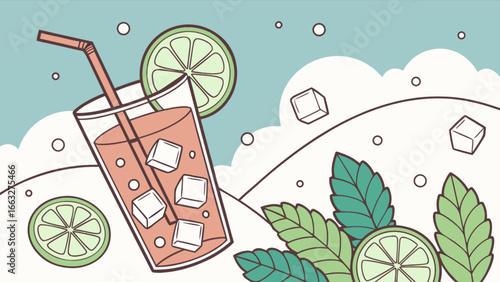 Refreshing summer drink with lime, mint, and ice cubes illustration for beverage and cocktail designs