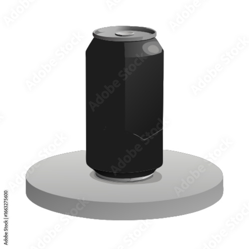Black soda can beverage drink mockup on gray stand product display advertising marketing branding illustration