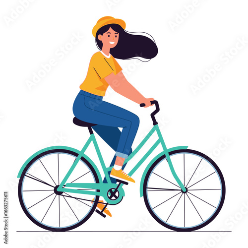 Cycling adventure: A smiling individual with hat enjoys a bike ride on a sunny day, embodying the spirit of outdoor activity, health and wellness, adventure, and freedom.