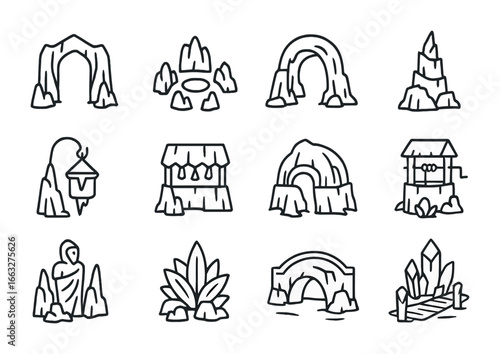 Ice Cliff Civilization Icons. Outline icon set of ice-cliff civilization: glacier gates, ice plazas, snow
