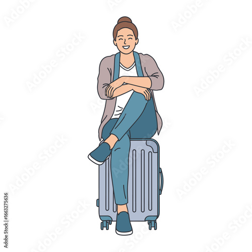 Traveler Resting on Luggage: A relaxed traveler, radiating joy and peace, sits atop her suitcase, exuding a sense of calm anticipation, poised for a new adventure, symbolizing the journey ahead.
