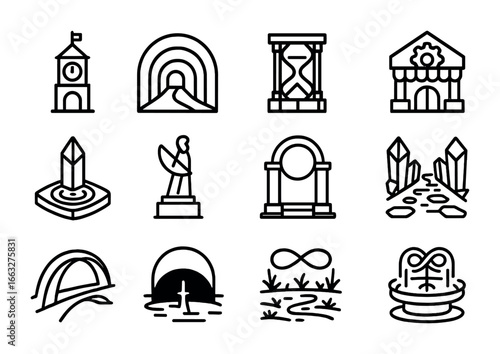 Time-Shifted Civilization Icons. Outline icon set of time-shifted civilization: clock towers, spiral arches,