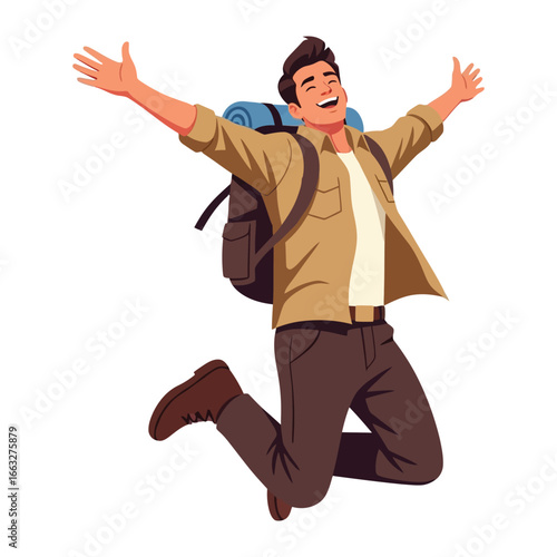 Jumping Traveler's Joy: A happy traveler with open arms expressing pure elation with a backpack on his back and feeling full of life.