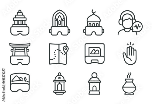 Holy Site Icon Grid. Outline icon set of holy site VR tours: temple hologram, cathedral interior view, mosque