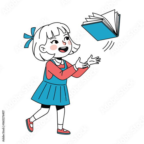 Child with Reading Passion: A young girl is full of joy. She is captured in a minimalist illustration. She is happily tossing a book in the air, depicting the happiness that comes from reading