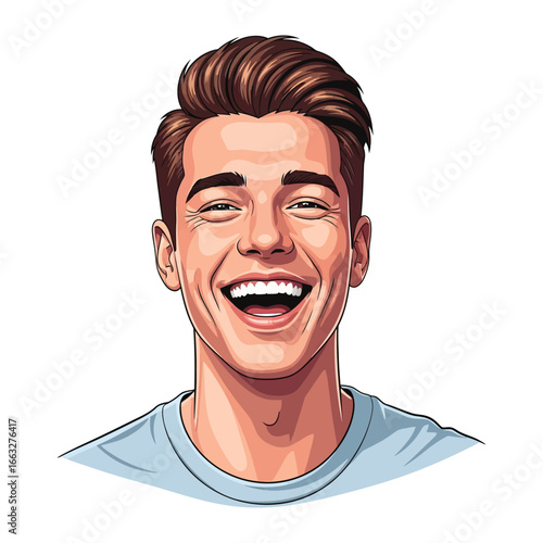 Joyful Illustration of a Young Man: A vibrant illustration of a young man exuding pure joy. The image showcases a radiant smile that lights up his face. The man's eyes sparkle with merriment.