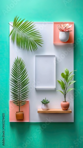 Pastel Minimalist Flat Lay of Potted Plants and Frame