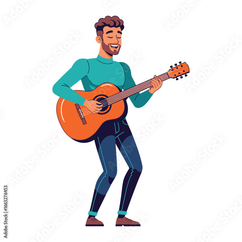 A Guitarist's Serenade: A man with a joyful expression strums a guitar with effortless grace and passion. The image captures the essence of musical expression and heartfelt performance.