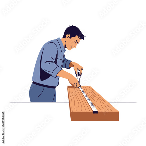 Precise Measurement: A skilled craftsman meticulously measures a wooden plank with unwavering precision and focus, a study in patience and concentration.