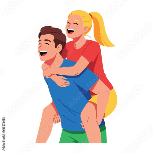 Joyful piggyback ride: A vector illustration captures the pure joy of a man carrying a smiling woman on his back, sharing a moment of laughter and connection. 
