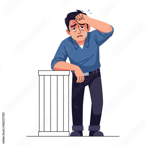 Exhaustion and Strain: Depicting a moment of fatigue, the illustration captures a man, leaning against a pillar with a look of both exhaustion and anxiety. The image showcases a man's struggle.