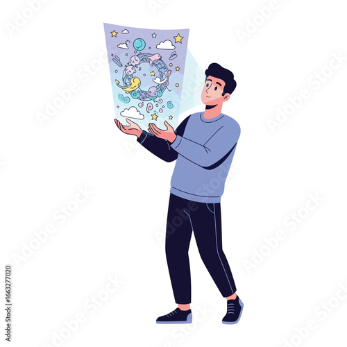 Envisioning a Cosmic Dream: A vibrant illustration depicts a person projecting a fantastical cosmic scene of stars, moon, and clouds. The artwork embodies imagination and wonder.