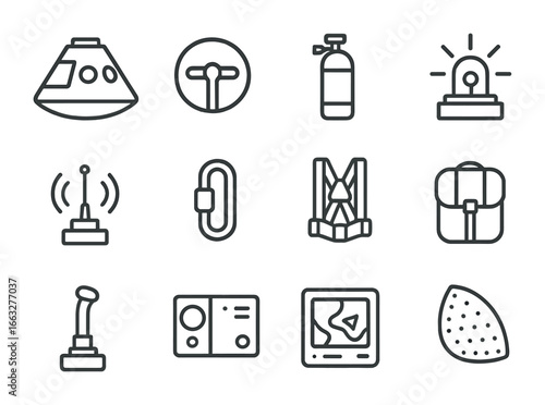 Emergency Gear Icons. Outline icon set of emergency escape gear: escape pod, hatch handle, oxygen tank,
