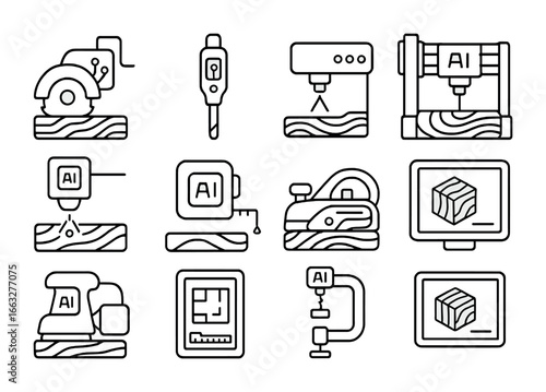 AI Woodworking Tools Icons. Outline icon set of AI-assisted woodworking: robotic saw, smart chisel, laser