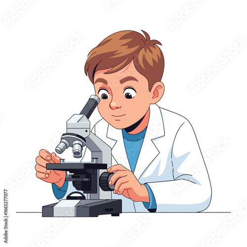 Young Scientist and Microscope: A curious young scientist, with focused eyes, peers into a microscope, embarking on a journey of scientific exploration.
