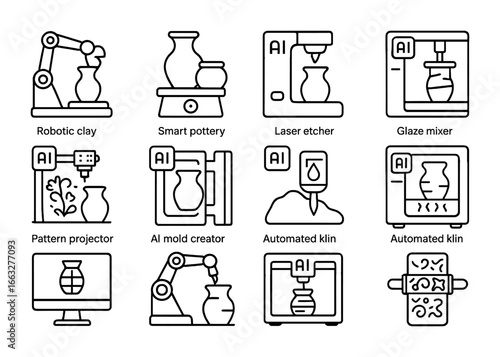 AI Pottery Icons. Outline icon set of AI pottery and ceramics: robotic clay shaper, smart pottery wheel, laser